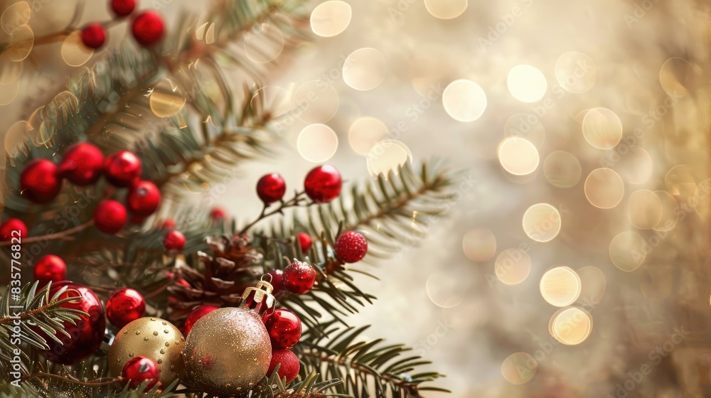 Retro style Christmas background with decorations on a branch Retro style Christmas background with decorations on a branch