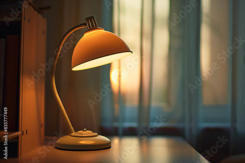 modern reading lamp on desk, warm light.