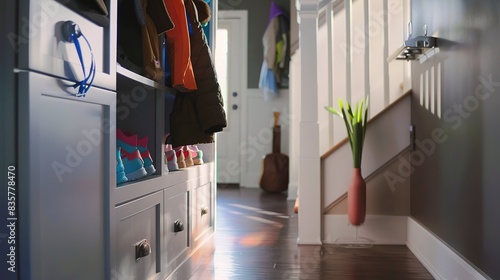 Family-friendly entryway, close-up on cubbies for shoes and coats at child's height, welcoming light photo