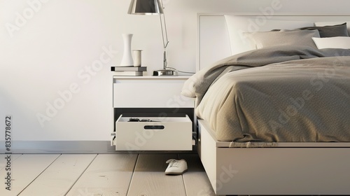 Minimalist bedroom in a small space, close-up on under-bed storage containers, muted lighting  © Thanthara