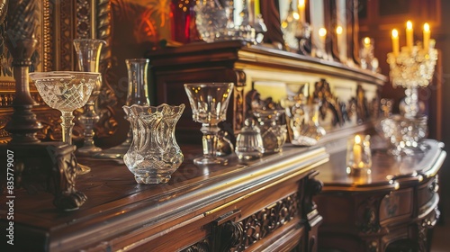 Antique dining room, close-up on carved wooden sideboard with crystal decanters, candlelight 