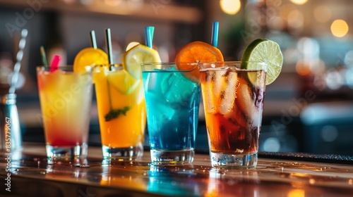 Alcoholic cocktail row on bar table  colorful party drinks