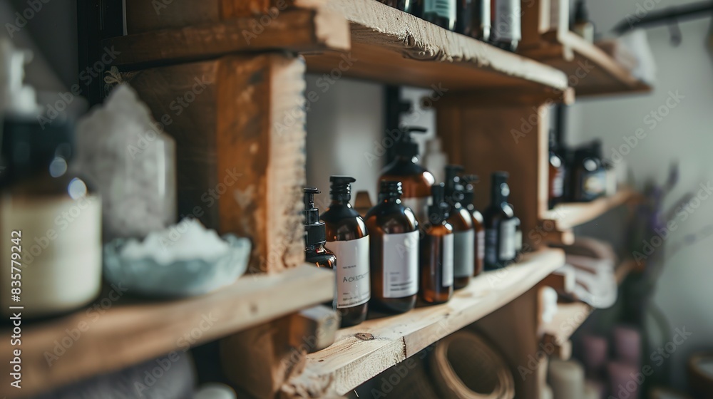 Holistic bath area, close-up on natural wood shelves stocked with essential oils and salt scrubs, soft focus Holistic bath area, close-up on natural wood shelves stocked with essential oils and salt scrubs, soft focus