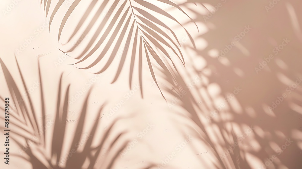 Obraz premium Minimal abstract background with palm shadow on beige and pastel pink color, empty space for product presentation mockup.