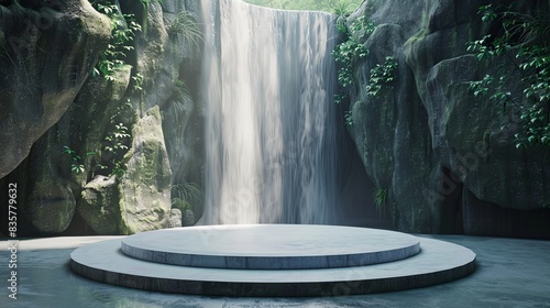 3d podium stage in the waterfall background 