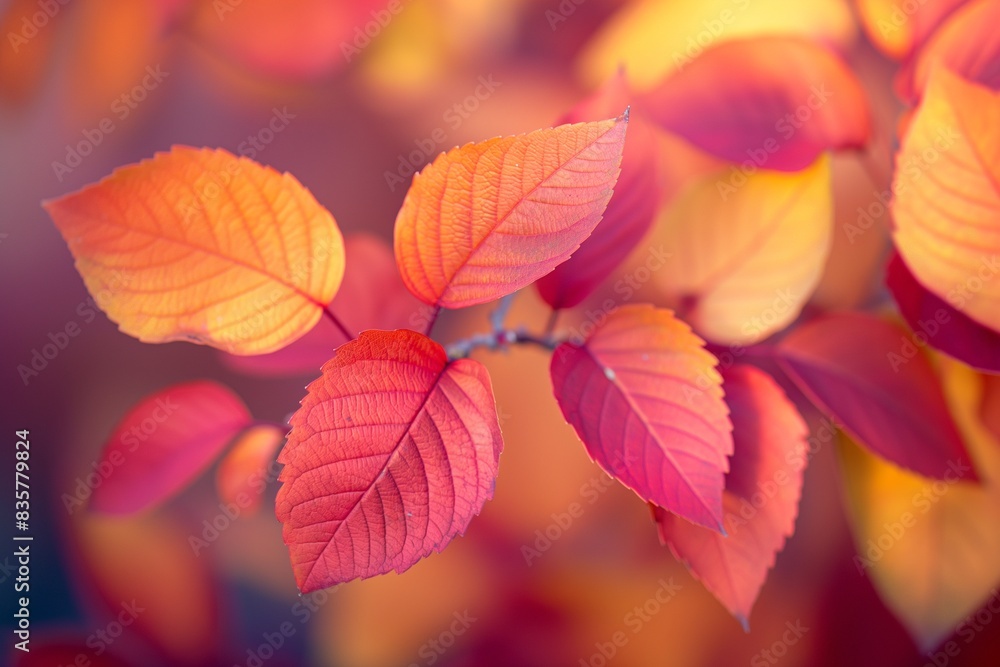 A close-up of vibrant autumn leaves in a variety of red, orange, and yellow hues, with a soft-focus background enhancing the warmth of the scene.