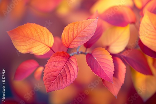 A close-up of vibrant autumn leaves in a variety of red, orange, and yellow hues, with a soft-focus background enhancing the warmth of the scene. © mansoor