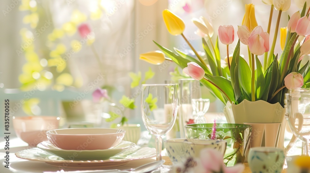 Spring dining table, close-up on centerpiece with fresh tulips and pastel tableware, bright morning light Spring dining table, close-up on centerpiece with fresh tulips and pastel tableware, bright morning light