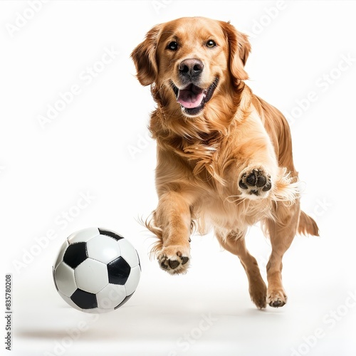 Energetic Golden Retriever dog joyfully playing with a soccer ball, captured mid-motion on a white background.