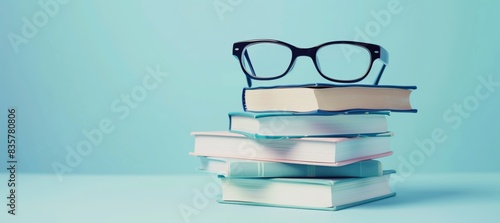 A stack of books with reading glasses represents education and learning, symbolizing knowledge and study among a blue background. It showcases pursuits in academia and acquiring wisdom photo
