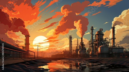 A smiling oil refinery engineer, adjusting valves and gauges with precision, with towering stacks and flares in the background. Painting Illustration style, Minimal and Simple, photo