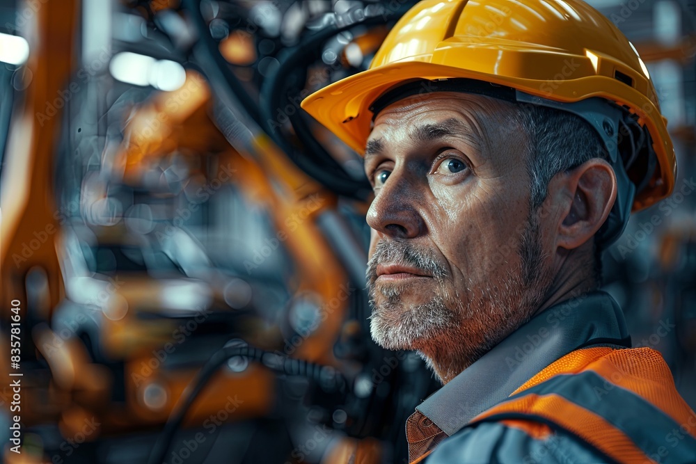 a man portrait with a safety helmet, mechanical arms are assembling cars in background, car factory, real photo a man portrait with a safety helmet, mechanical arms are assembling cars in background, car factory, real photo