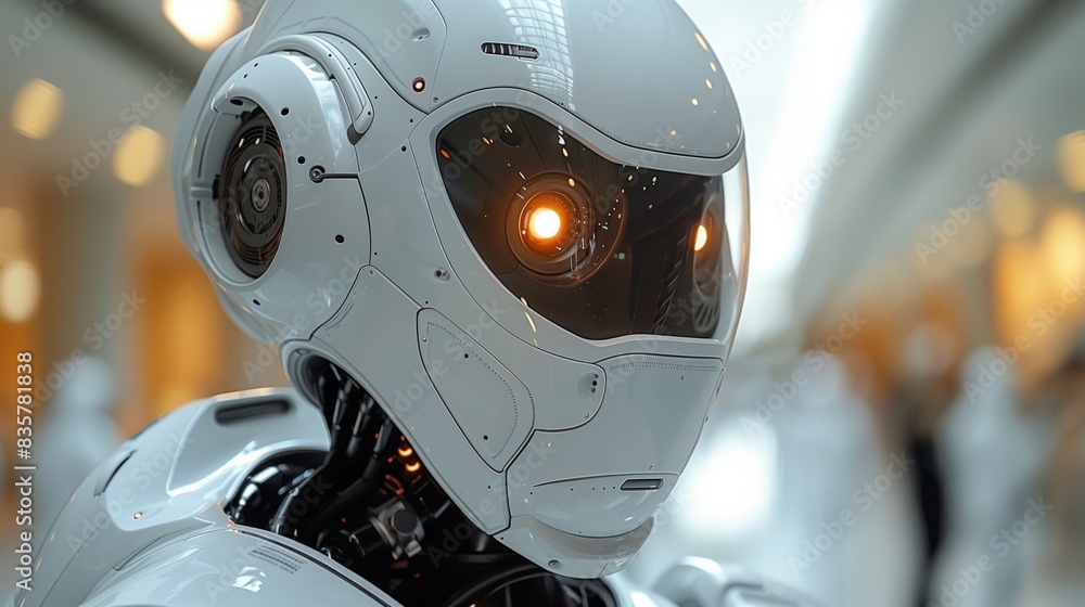 A white robot with orange eyes stands in a hallway. A white robot with orange eyes stands in a hallway.