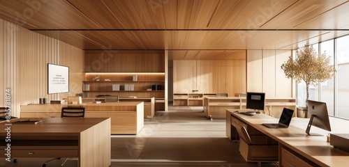 Simplified office interior with innovative noise-canceling technologies and minimalist wooden furniture, fostering focus.