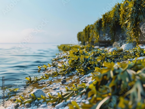 Sargassum seaweed accumulation theme side view illustrating sargassum build-up on shores futuristic tone Complementary Color Scheme photo
