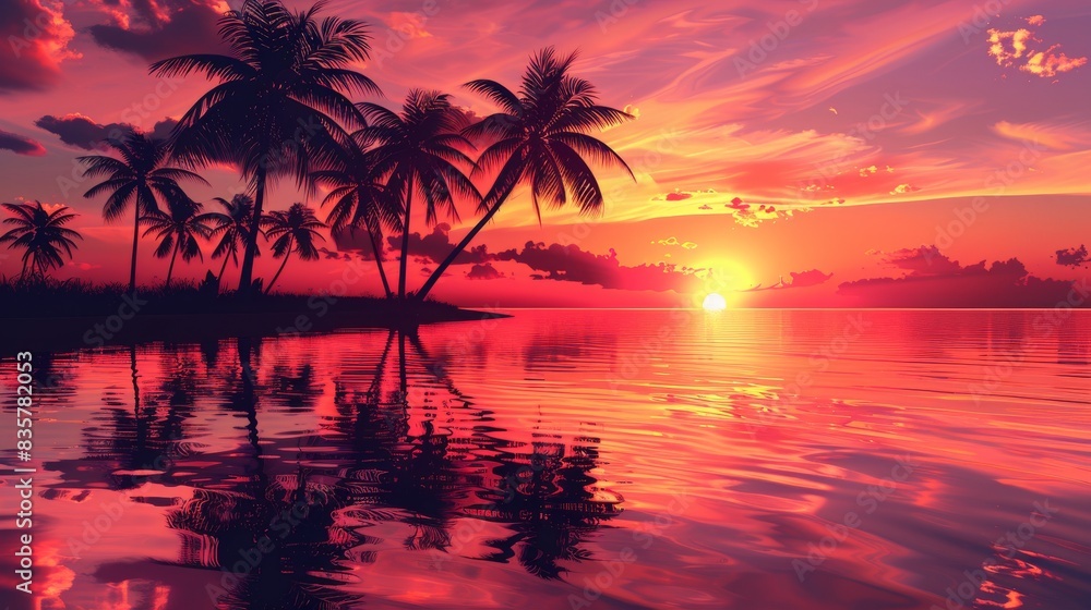 Tropical island with palm trees at sunset reflecting in water