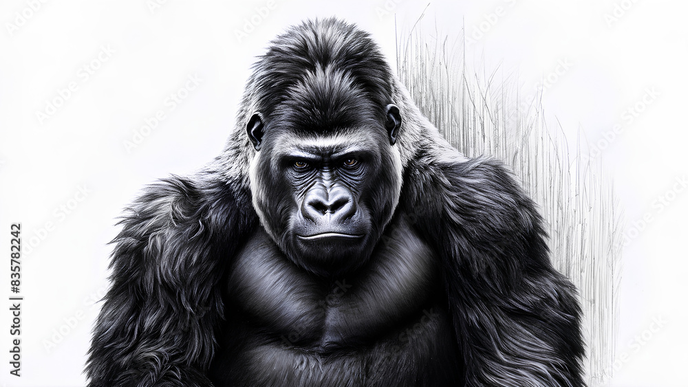 Detailed pencil sketch of a gorilla in a thoughtful pose, sitting.