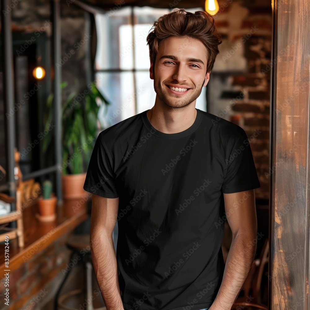 Full body view of fit man wearing black T-shirt mockup Full body view of fit man wearing black T-shirt mockup