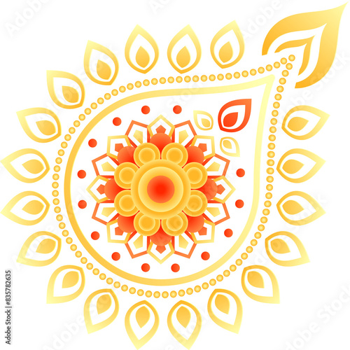 Doddle Style Top View of Floral Diwali Diya Png Element in Yellow and Red Color.