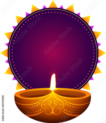 Illuminate Diya (Oil Lamp) Against Blank Purple Mandala Frame Given for Your Message. Indian Festival of Light, Diwali Png Background.