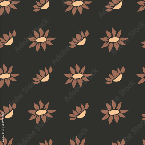 Ditsy seamless pattern with pretty flowers on black background. Retro floral repeat pattern. (ID: 835782886)