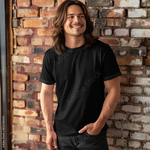 Full body view of fit man wearing black T-shirt mockup
