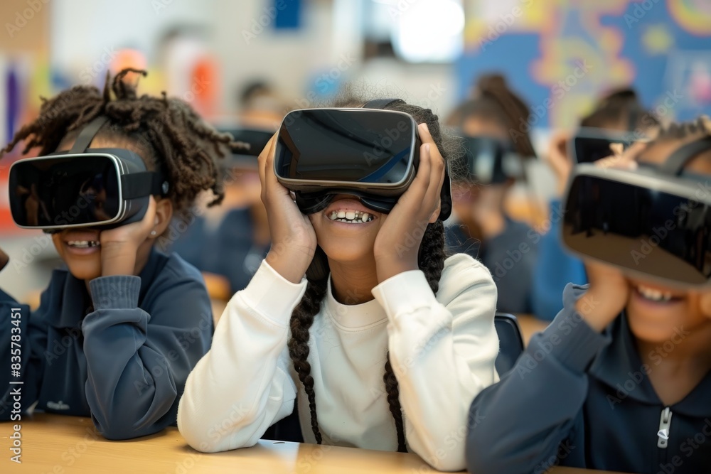 In the classroom, children are immersed in an interactive learning experience using virtual reality technology, enhancing student engagement and creating a modern and innovative approach to education In the classroom, children are immersed in an interactive learning experience using virtual reality technology, enhancing student engagement and creating a modern and innovative approach to education