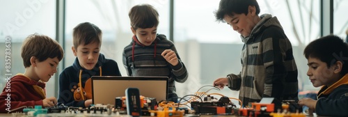 A group of kids is actively involved in a robotics project, collaborating on building and programming together. They are engaged in STEM learning and education, emphasizing teamwork and innovation © YURIMA
