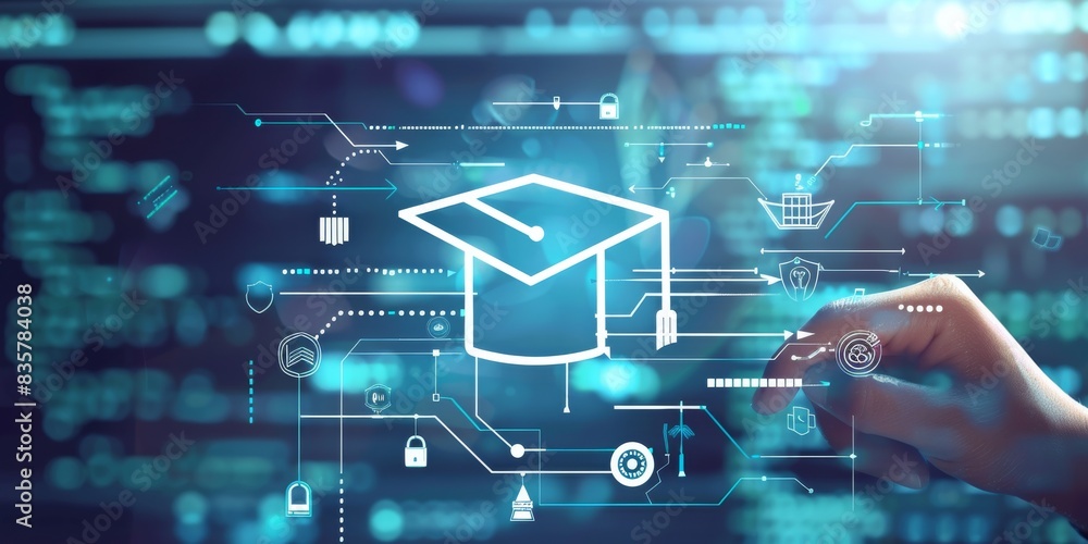 The digital education concept features a hand interacting with a futuristic graduation cap symbol and a digital interface, demonstrating innovation and virtual learning in the realm of education The digital education concept features a hand interacting with a futuristic graduation cap symbol and a digital interface, demonstrating innovation and virtual learning in the realm of education