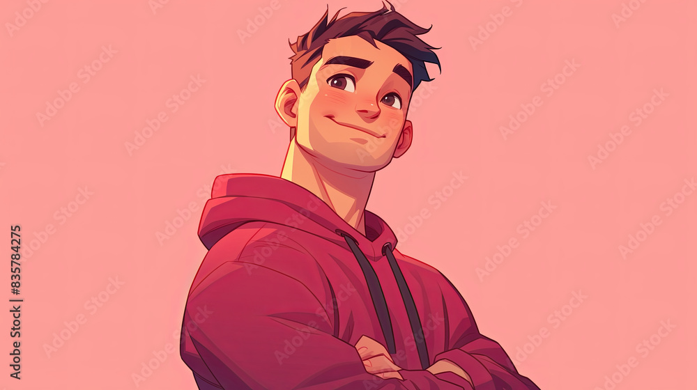 A cartoon man is wearing a red hoodie and is smiling A cartoon man is wearing a red hoodie and is smiling