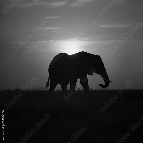 A black and white photograph capturing the silhouette of an elephant walking gracefully across the savanna at sunset, with the sun setting behind it, casting a serene and timeless atmosphere © Dararat