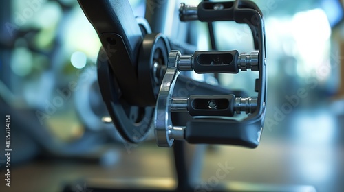 A close view of a high-tech stationary bike's pedal and adjustment mechanisms, set against a softly blurred gym environment.