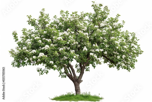 Green full length apple blooming tree with white flowers isolated on white background with clipping path. Full Depth of field. Focus stacking. PNG  Generative AI