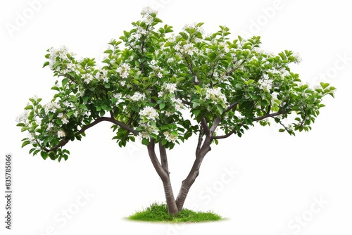 Green full length apple blooming tree with white flowers isolated on white background with clipping path. Full Depth of field. Focus stacking. PNG, Generative AI