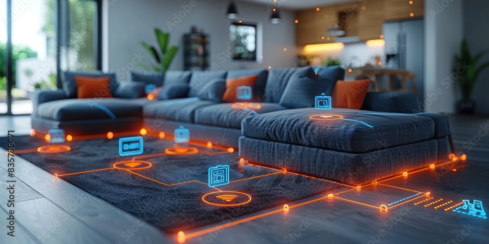 Smart home interior with connected devices and floating blue digital ...