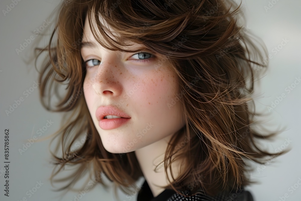 A Captivating Young Woman with a Trendy Shag Haircut Showcasing Layered Texture and Natural Beauty A Captivating Young Woman with a Trendy Shag Haircut Showcasing Layered Texture and Natural Beauty