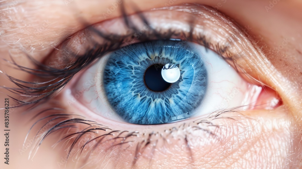 Obraz premium Macro photograph of a stunning blue human eye including iris pupil eyelashes and eyelids Blue eyed male