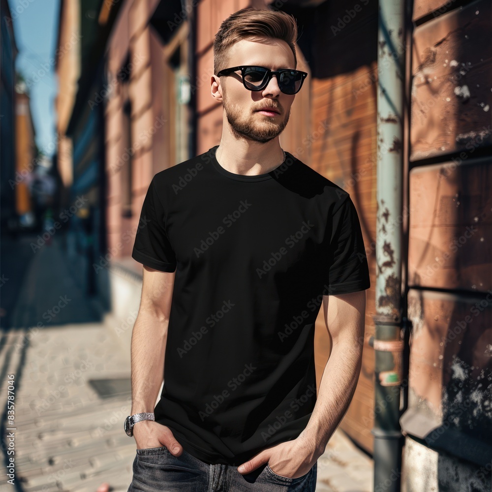 Fototapeta premium Full body view of fit man wearing black T-shirt mockup