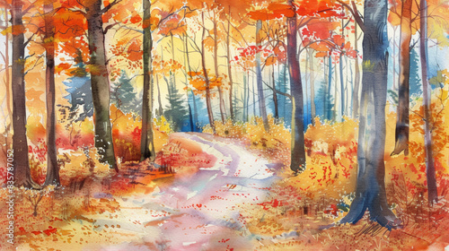 Autumn forest landscape with a winding path, vibrant fall foliage, and serene atmosphere painted in watercolor. Perfect for seasonal artwork.