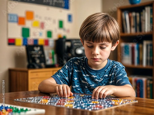 child with mental illness playing with colourful pieces to stimulate attention and fine motor skills