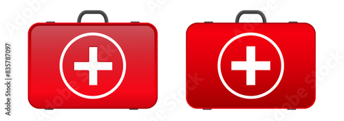 Red First Aid kit. Medical car emergency kit. Red medical kit.
