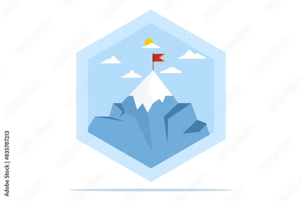 Fototapeta premium Mountains with a flag on it, leadership emblem concept, achievement success, success reaching the top of career or business, mission symbol, mountain climbing, flat vector illustration on background.