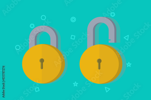 Unlock and close lock icon. Security, encryption, protection, privacy, data access. Locks are locked and unlocked. Two yellow padlocks with keyholes, padlock shape illustration, flat cartoon design.