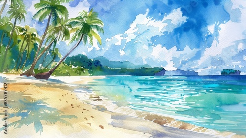 Beautiful watercolor painting of a tropical beach scene with palm trees  blue sky  and turquoise water  capturing the essence of paradise.