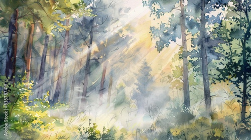 Beautiful watercolor painting of a sunlit forest with tall trees, rays of sunlight, and lush greenery creating a serene and peaceful atmosphere.