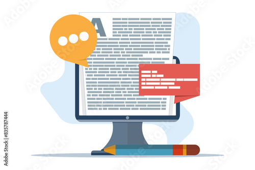 Blogging concept, Content Marketing, Blogging and SMM concept in flat design. Blog pages are filled with content. process of uploading articles and media materials. flat vector illustration.