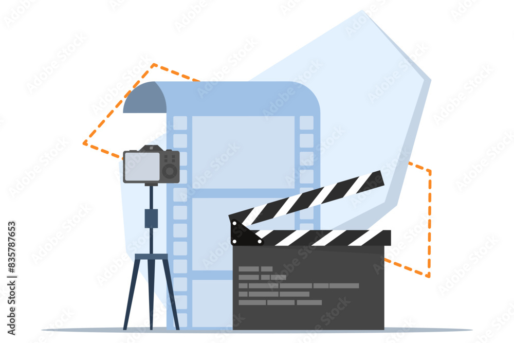 Obraz premium Clapperboard concept, film industry, film video equipment, rotary style clapperboard icon, acting industry, film making device, video film clapper equipment. flat vector illustration.