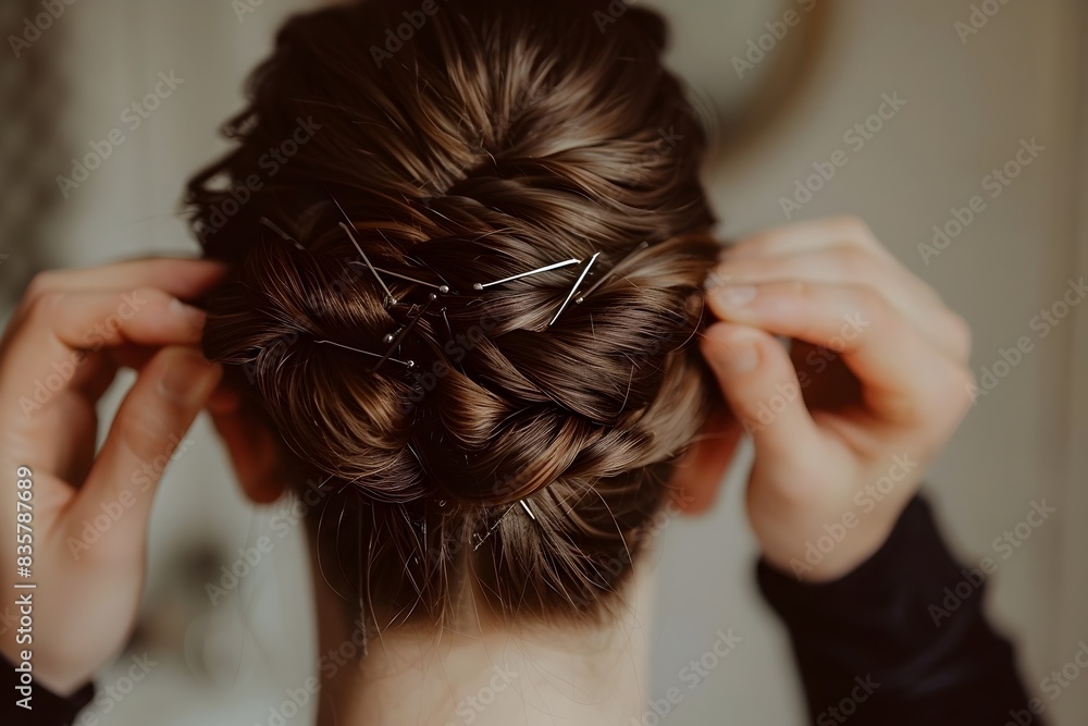 Naklejka premium A Stylish Updo Created with Hairpins Showcasing Feminine Elegance and Beauty