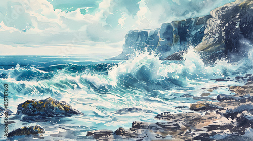 Rough ocean waves crash against rocky cliffs under a cloudy sky, showcasing nature's power and beauty in a dramatic coastal scene. photo