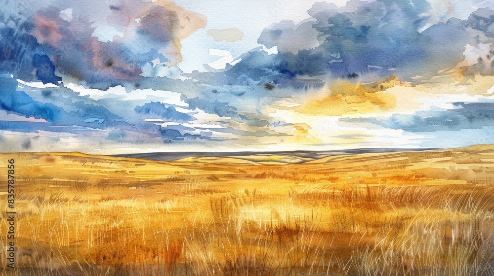 Serene watercolor painting of a golden wheat field under a dramatic sky, capturing the beauty and tranquility of nature. Serene watercolor painting of a golden wheat field under a dramatic sky, capturing the beauty and tranquility of nature.